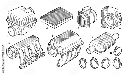 Car engine components and automotive parts isolated on checkered background isometric outline vector