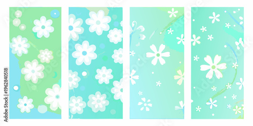 Four vertical panels displaying a pastel floral pattern with white flowers