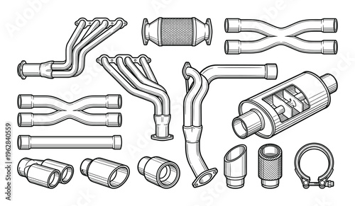 Car exhaust system components headers catalytic converter muffler pipes and tips drawing