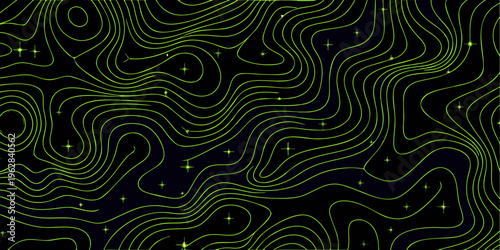 Abstract topographic map with glowing lines and scattered star like sparkles