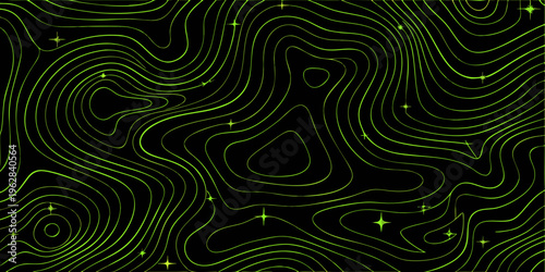 Abstract neon green lines and shapes on a dark black background