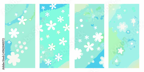 Abstract floral patterns in varying shades of teal and light green