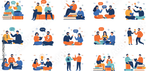 People communication and teamwork vector set with group discussions, meetings, collaboration and idea sharing, social interaction illustration collection