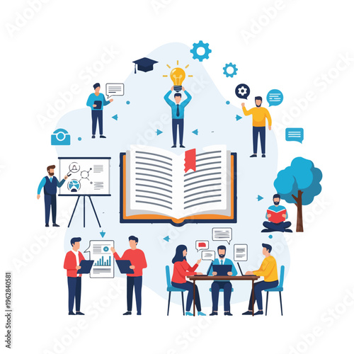 Illustration of teamwork, learning, and collaboration with diverse individuals