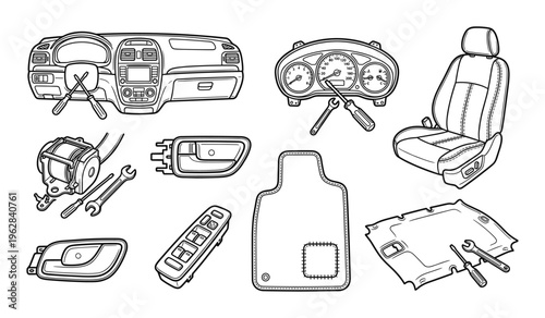 Car interior restoration and repair components set including dashboard seat floor mat and door parts