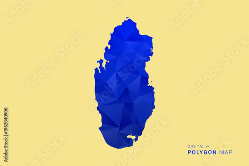 Qatar Map - Low poly polygon map in deep blue gradient on soft beige background, modern minimal geometric design, clean abstract vector illustration with faceted triangulated style.