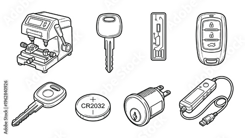 Car key duplication service equipment with electronic remote fobs transponder chips and lock cylinder