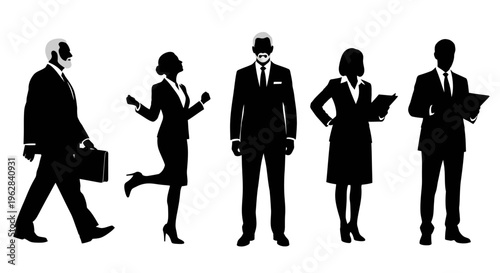 Diverse executive leadership vector silhouette set of senior professionals and experienced business team isolated on white background for corporate presentation and branding