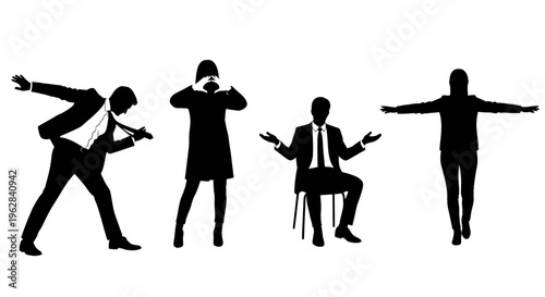 Corporate professionals confidence vector silhouette set of relaxed executives in balanced poses isolated on white background for workplace branding and lifestyle concepts