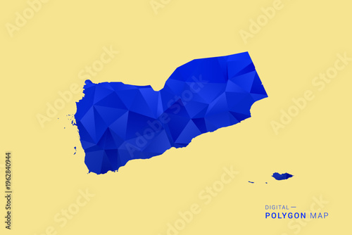 Yemen Map - Low poly polygon map in deep blue gradient on soft beige background, modern minimal geometric design, clean abstract vector illustration with faceted triangulated style.