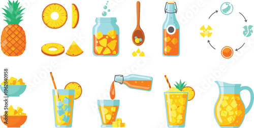 Pineapple juice preparation vector set with fruit cutting, mixing, pouring and serving drinks, fresh tropical beverage illustration collection