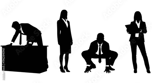 Executive leadership authority vector silhouette set of business professionals at desk in confident management poses isolated on white background for corporate branding