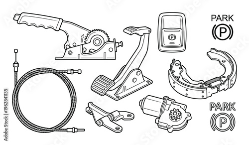 Car parking brake handbrake system parts pedal cable motor and brake shoes set vector illustration