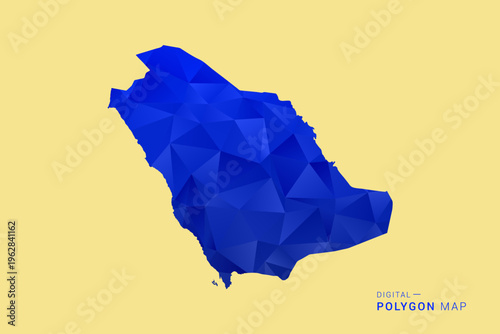 Saudi Arabia Map - Low poly polygon map in deep blue gradient on soft beige background, modern minimal geometric design, clean abstract vector illustration with faceted triangulated style.