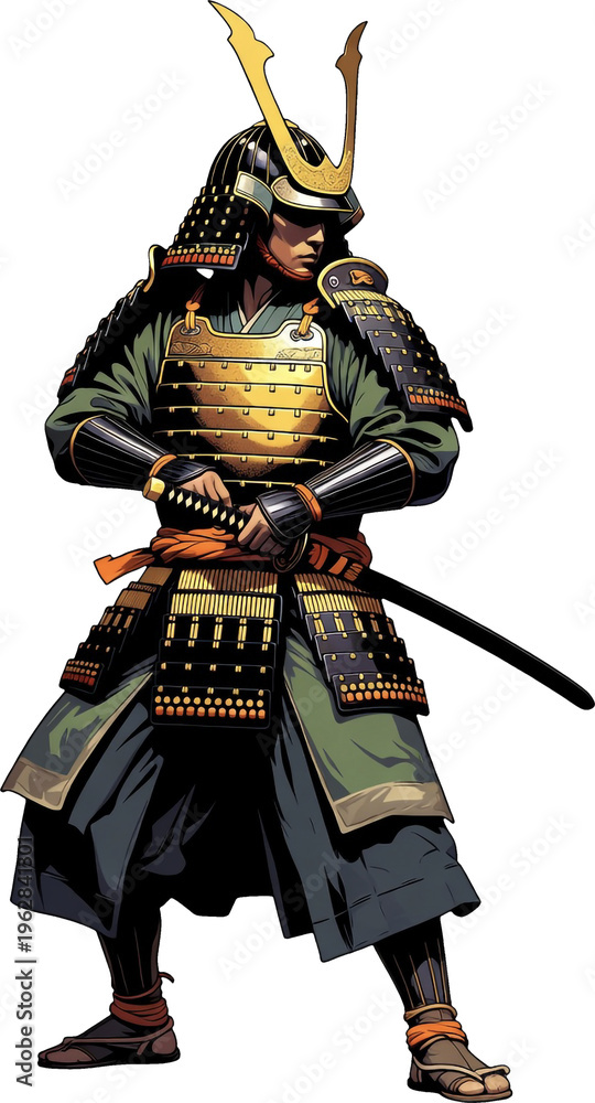 Fototapeta premium Samurai warrior in black and gold armor with horned helmet wields katana sword.