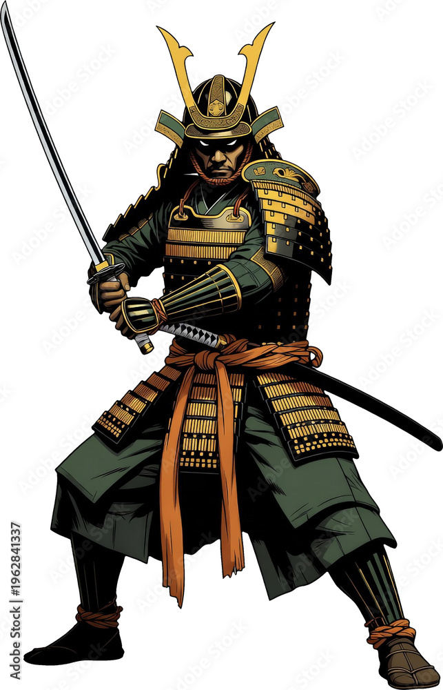 Obraz premium Samurai warrior in black and gold armor with horned helmet wields katana sword.