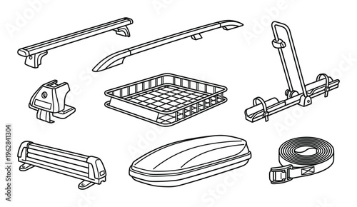 Car roof rack cargo box ski rack bike rack and tie down strap vector drawing