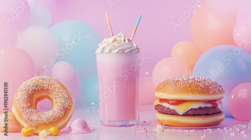 pastel gradient backdrop with burger, donut, milkshake .