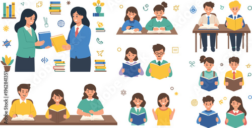 Students reading and learning vector set with teachers, books, classroom activities and education concepts, academic illustration collection