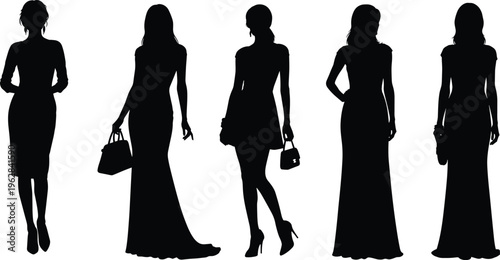 Elegant women silhouettes collection, fashion models in dresses with handbags, stylish poses, modern female outfits, beauty and glamour illustration set