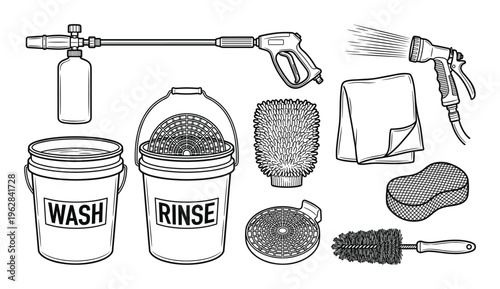 Car wash equipment set bucket sponge brush spray hose foam bottle and microfiber cloth drawing