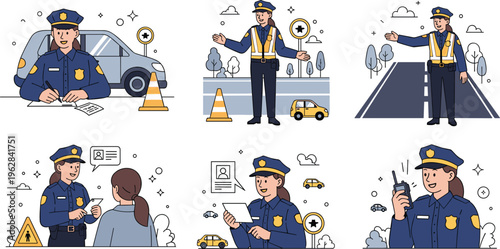 Traffic police officer vector set with road control, ticketing, communication and safety enforcement, urban transport illustration collection