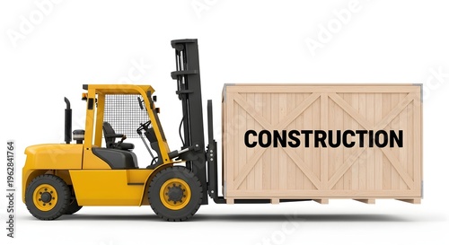 Yellow Forklift Truck Lifting Large Wooden Crate with Construction Text Isolated on White Background