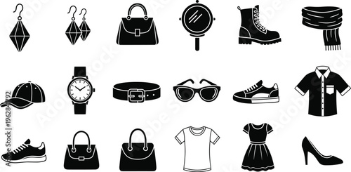 Fashion accessories icons set, clothing and style elements, bags shoes glasses watch, modern apparel collection, black silhouette design isolated