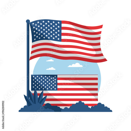 Illustration of two flags, sky, clouds, and some grass