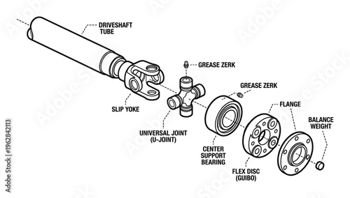 Driveshaft assembly diagram with slip yoke universal joint center support bearing and flange vector