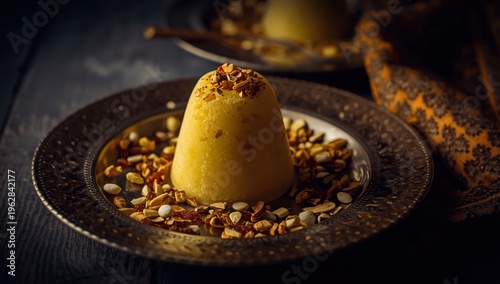 Rajasthani Shahi Kulfi is a well-liked frozen dessert, often referred to as Indian Ice Cream, infused with saffron and nuts. Presented on a plate with a blurred backdrop, selective focus