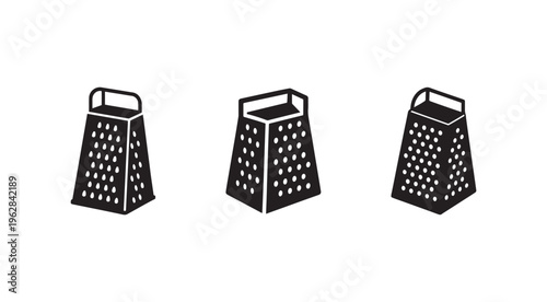 Three black grater illustrations in different angles for kitchen use  grating vegetables and cheese