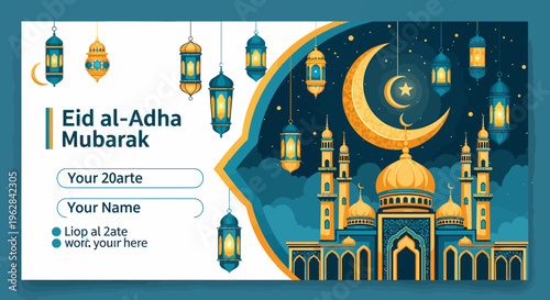 Beautiful vector illustration for Eid al-Adha celebration, depicting a majestic mosque, golden crescent moon, and decorative lanterns under a starry night sky