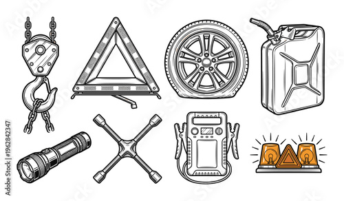 Emergency roadside assistance kit featuring jumper cables warning triangle fuel canister and flashlight