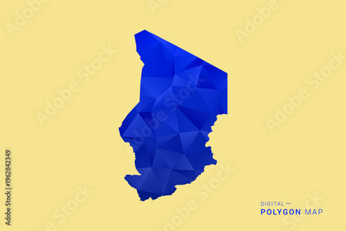 Chad Map - Low poly polygon map in deep blue gradient on soft beige background, modern minimal geometric design, clean abstract vector illustration with faceted triangulated style.