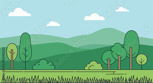 Flat landscape featuring a sky, clouds, rolling hills, trees, and grass