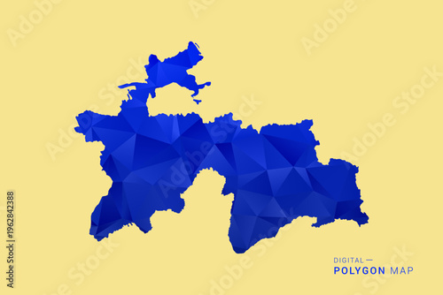 Tajikistan Map - Low poly polygon map in deep blue gradient on soft beige background, modern minimal geometric design, clean abstract vector illustration with faceted triangulated style.