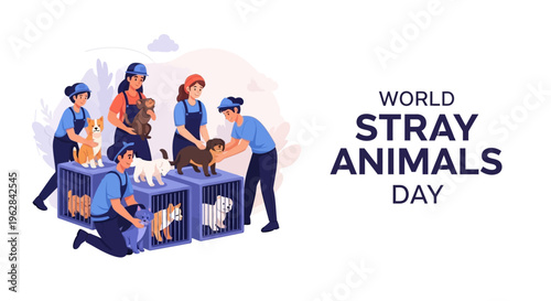 Illustration of people helping stray animals on World Stray Animals Day with a compassionate and awareness-raising concept