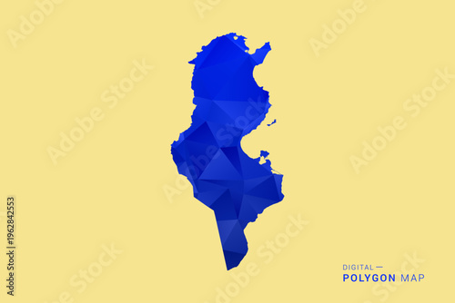 Tunisia Map - Low poly polygon map in deep blue gradient on soft beige background, modern minimal geometric design, clean abstract vector illustration with faceted triangulated style.
