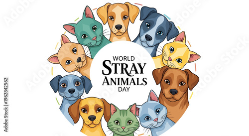 Illustration of various stray animals forming a circle around the World Stray Animals Day logo on a white background with a colorful and awareness-driven design.