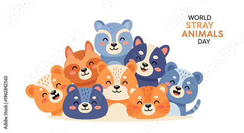 Illustration of a group of cute cartoon animals celebrating World Stray Animals Day with a colorful design against a clean white background.