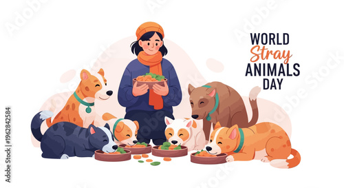 Illustration of a woman feeding stray dogs and cats on World Stray Animals Day with a compassionate and awareness-raising concept.