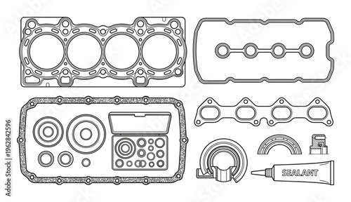 Engine gasket and sealing kit collection including cylinder head gasket valve cover and intake seals