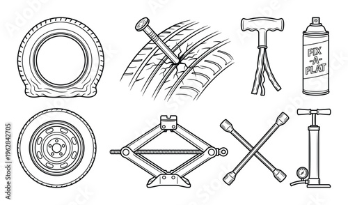 Flat tire repair kit and tools for roadside assistance icons set in hand drawn vintage sketch style