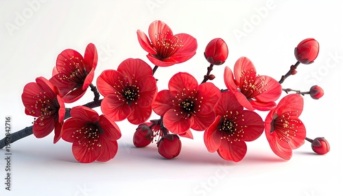 Vibrant red blossoms and buds on a branch against a clean white backdrop