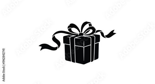 Stylized black silhouette of a neatly wrapped gift box, adorned with a decorative bow and flowing ribbon, perfectly encapsulates the joy of giving, celebration, and special occasions, ideal for.