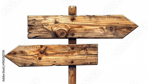 Weathered wooden directional signpost with two arrows, isolated