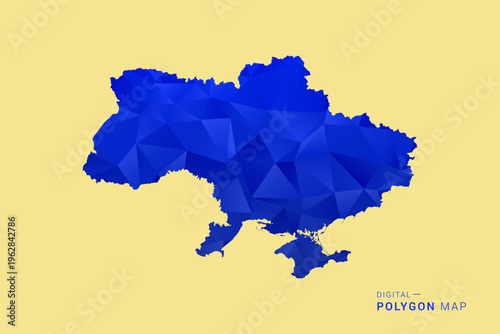 Ukraine Map - Low poly polygon map in deep blue gradient on soft beige background, modern minimal geometric design, clean abstract vector illustration with faceted triangulated style.