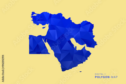 Middle East Map - Low poly polygon map in deep blue gradient on soft beige background, modern minimal geometric design, clean abstract vector illustration with faceted triangulated style.