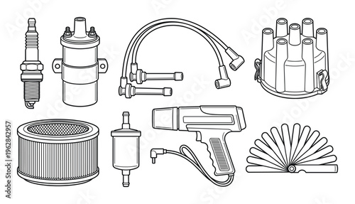 Ignition system components for car engine featuring spark plug distributor and air filter elements